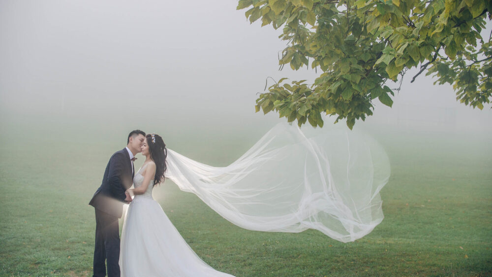 Newlywed cheek kiss